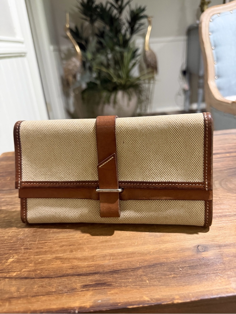 Hermes Beige Canvas and Brown Leather Fold Wallet